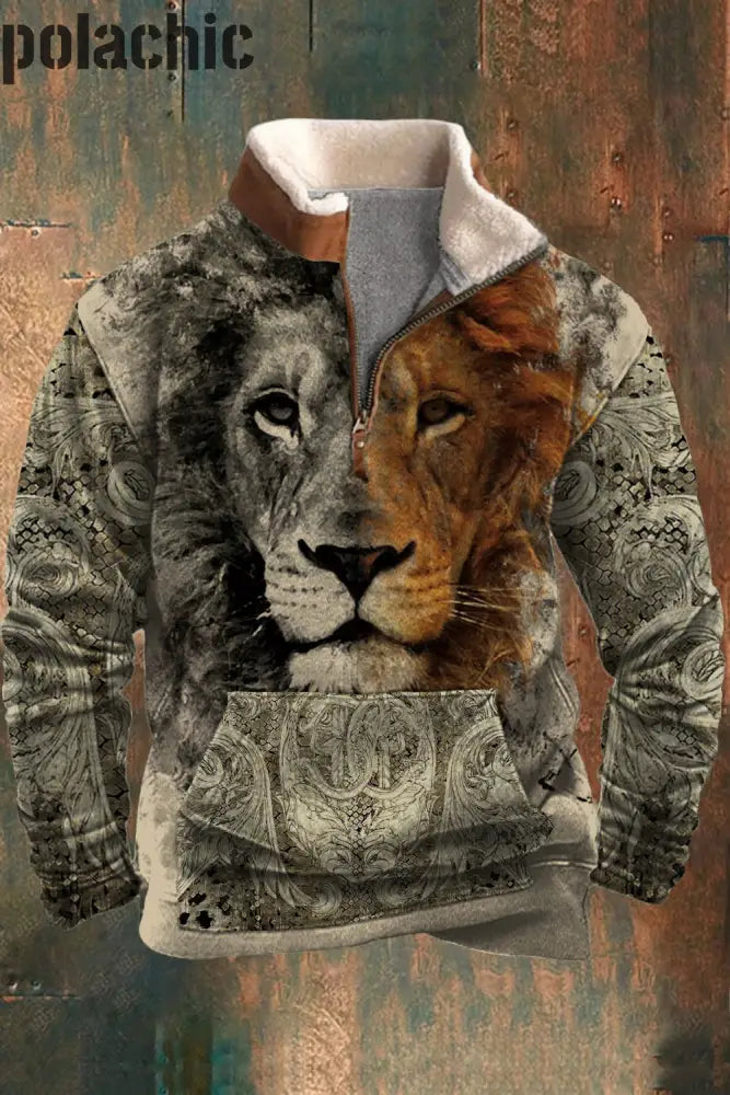 Hommes Casual Animal Skin Flora Patchwork Fourrure Zipper Collar Sweatshirt