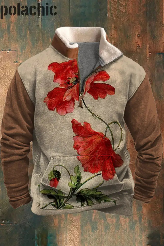 Hommes Casual Animal Skin Flora Patchwork Fourrure Zipper Collar Sweatshirt