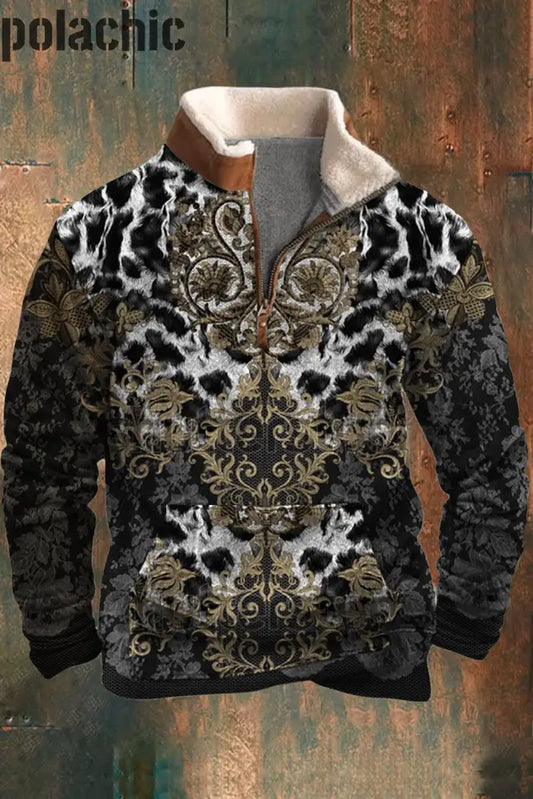 Hommes Casual Animal Skin Flora Patchwork Fourrure Zipper Collar Sweatshirt