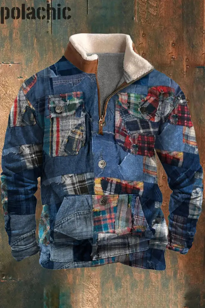 Hommes Casual Retro Denim Splice Couture Patchwork Fourrure Zipper Collar Sweatshirt