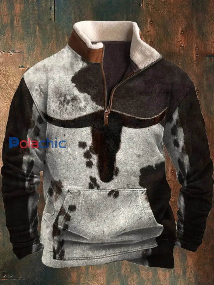 Hommes OX Tête Fourrure Animal Motif 3D Impression Col De Fourrure Zipper Flush Sweat En Plein Air A / S