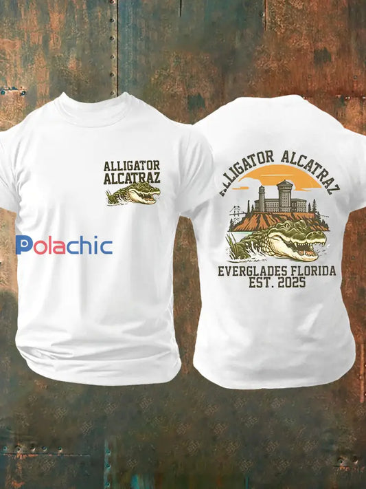 Hommes rétro Alligator Alcatraz Funny Florida Everglades foncé humour manches courtes Tee blanc / S