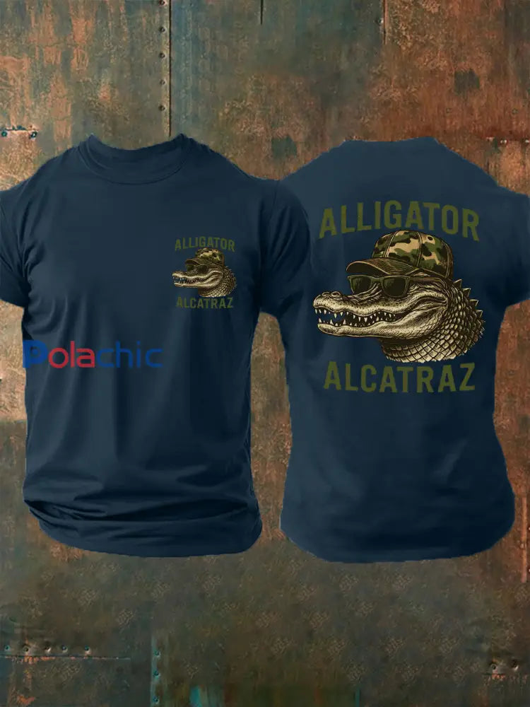 Hommes rétro Alligator Alcatraz Funny Florida Everglades foncé humour Tee bleu marine / S