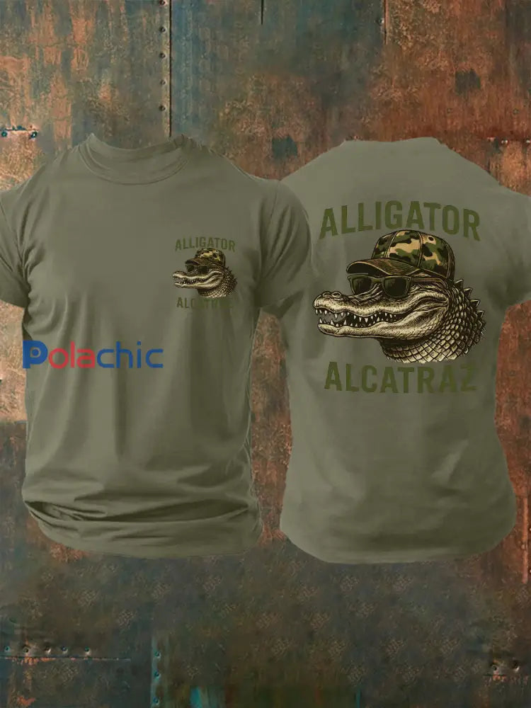 Hommes rétro Alligator Alcatraz Funny Florida Everglades foncé humour Tee vert armée / S
