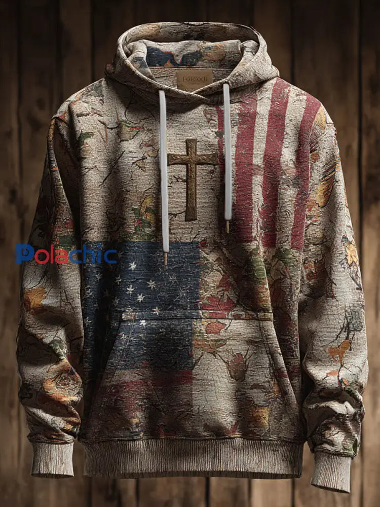 Hommes Rétro American Flag Faith Cross Art Print surdimensionné Goutte-épaule poches Hoodie comme image / S