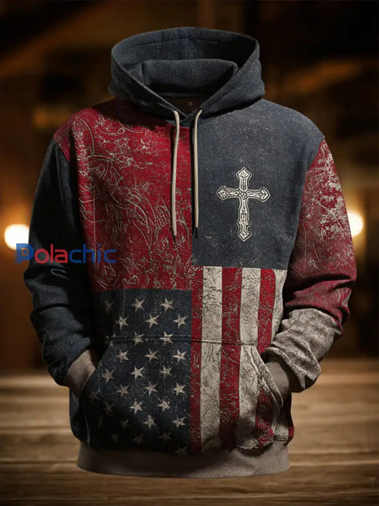 Hommes Rétro Casual Faith Cross Art Imprimer surdimensionné Goutte-épaule poches Hoodie comme image / S