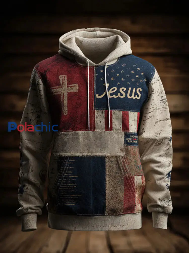 Hommes Rétro Casual Faith Cross Art Imprimer surdimensionné Goutte-épaule poches Hoodie comme image / S