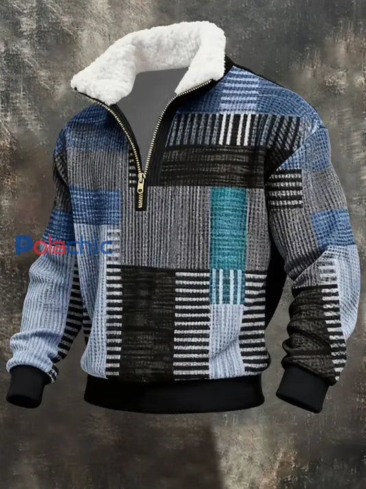 Hommes Retro Color Block Imprimer col de fourrure Sweatshirt comme image / S
