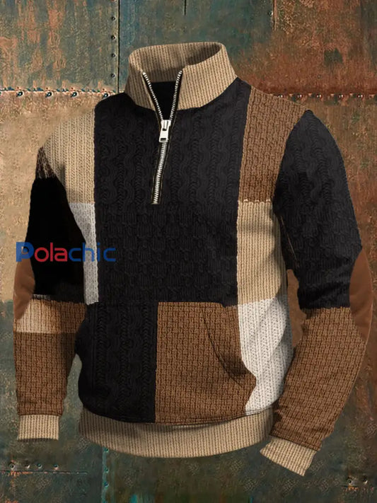 Hommes Retro Color Block Imprimer Zip-Up Pullover Marron / S
