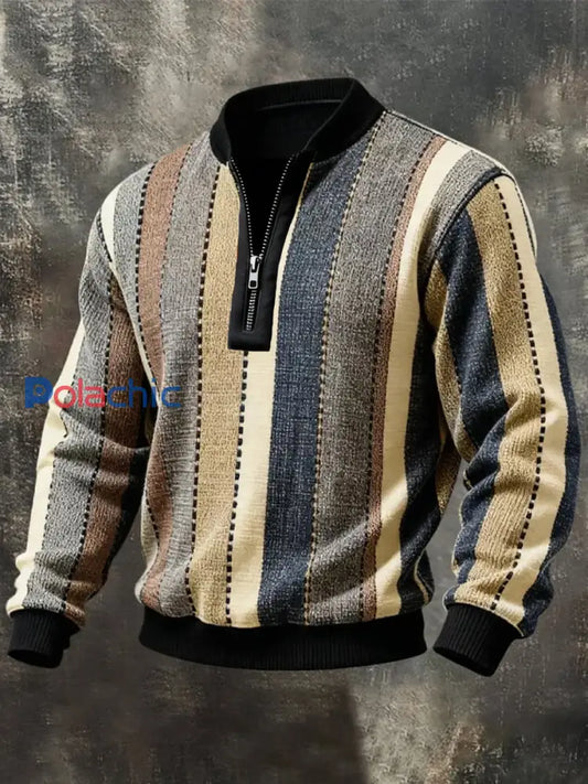 Hommes Retro Colorblock Stripes Imprimer Casual Demi-Zip Pull comme image / S