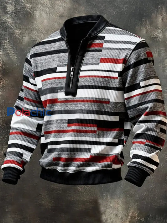 Hommes Retro Colorblock Stripes Imprimer Casual Demi-Zip Pull Rouge / S