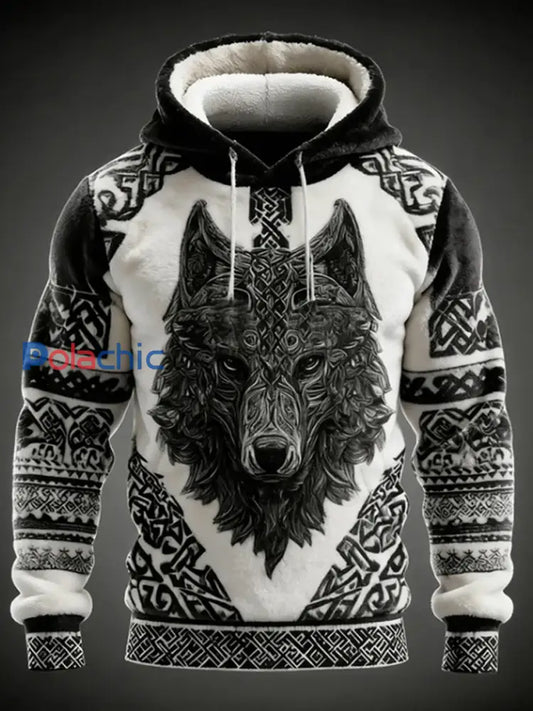 Hommes rétro noeud celtique et loup motif couleur-bloqué confortable en peluche Sweat à capuche Noir / S