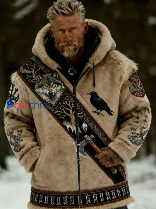 Hommes Retro Viking Wolf Totem style celtique flanelle chaud Sweat à capuche A / S