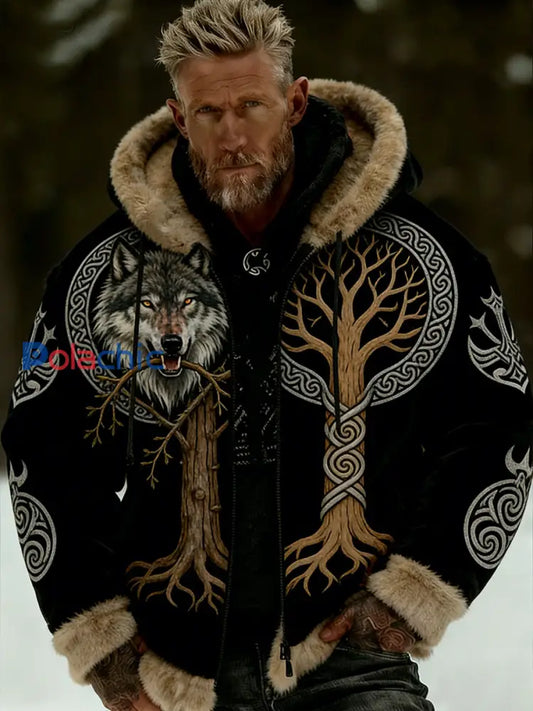 Hommes Retro Viking Wolf Totem style celtique flanelle chaud Sweat à capuche A / S