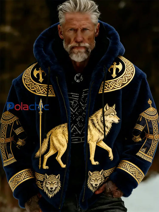 Hommes Retro Viking Wolf Totem style celtique flanelle chaud Sweat à capuche A / S