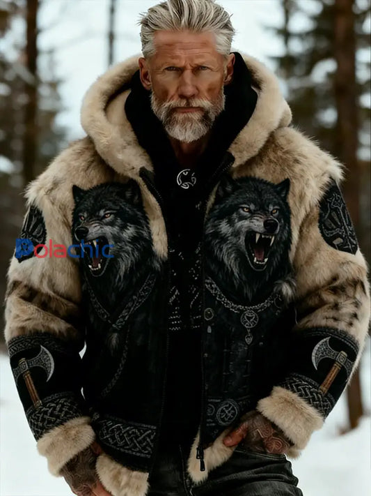 Hommes Retro Viking Wolf Totem style celtique flanelle chaud Sweat à capuche A / S