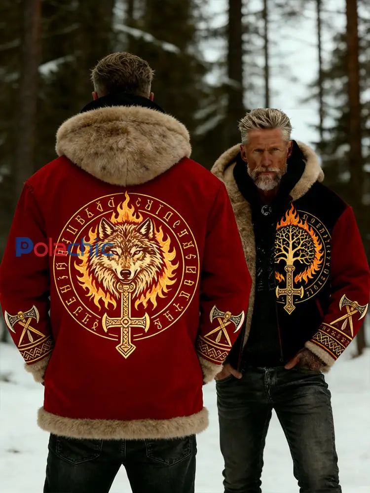 Hommes Retro Viking Wolf Totem style celtique flanelle chaud Sweat à capuche A / S