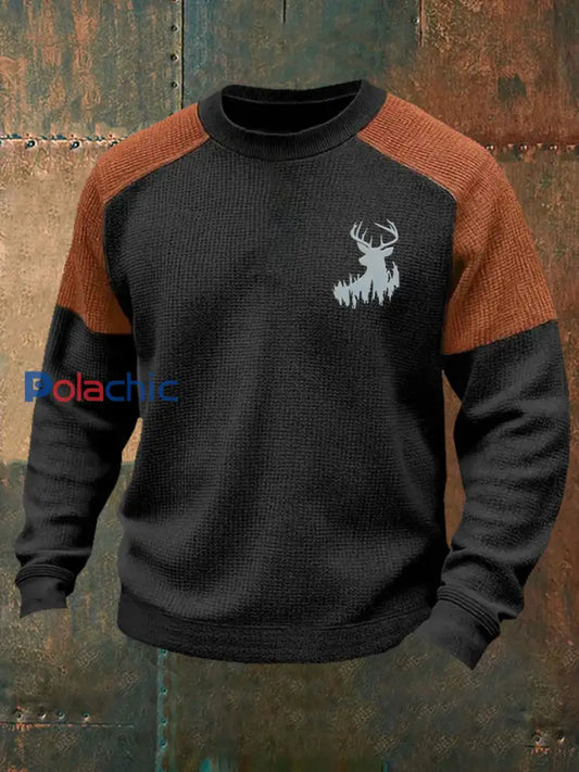 Hommes Retro Western Deer Antler Imprimer Casual Waffle Sweatshirt Noir / S