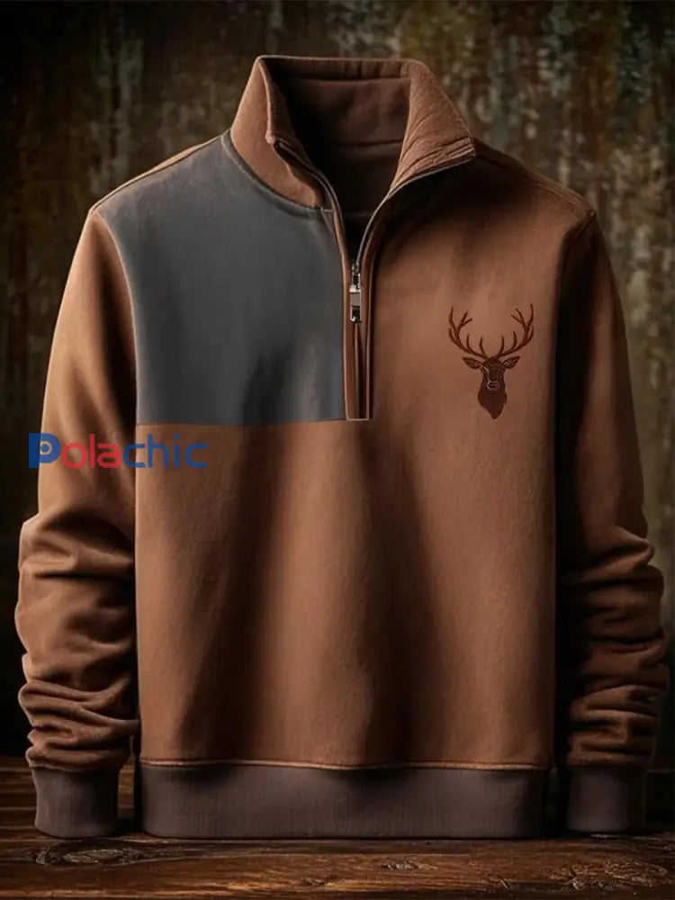 Hommes Retro Western Deer Antler Imprimer Casual Zipper Sweatshirt Marron / S