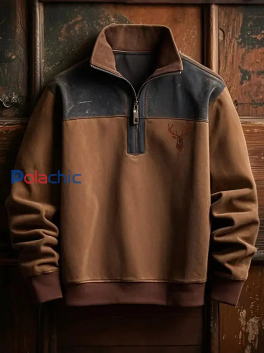 Hommes Retro Western Deer Antler Imprimer Casual Zipper Sweatshirt Marron / S