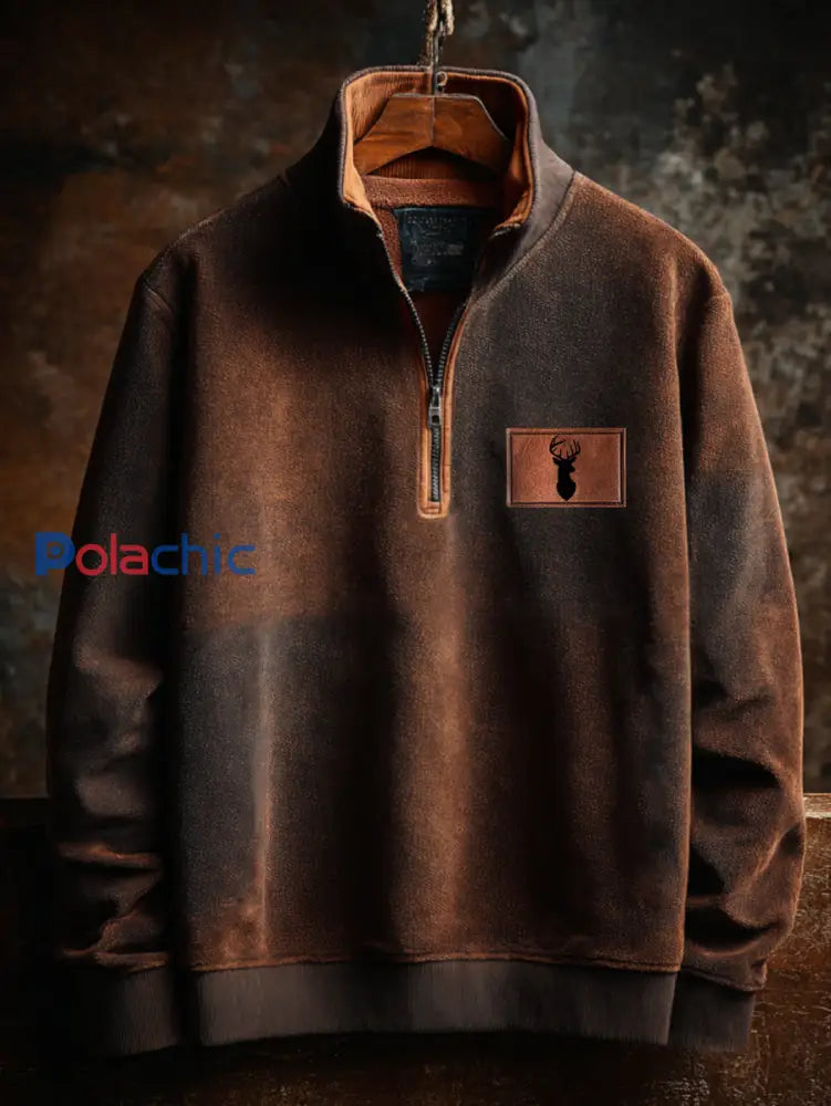 Hommes Retro Western Deer Antlers Imprimer Casual Zipper Sweatshirt Marron / S