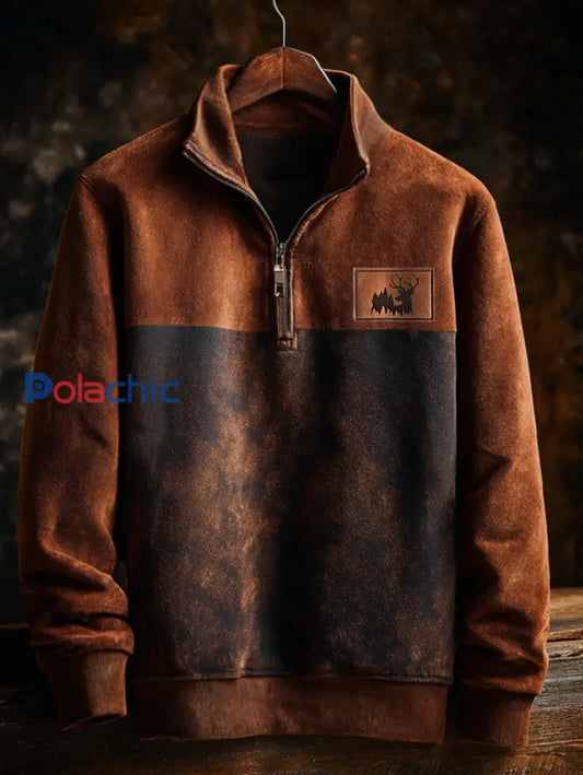 Hommes Retro Western Deer Antlers Imprimer Casual Zipper Sweatshirt Marron / S