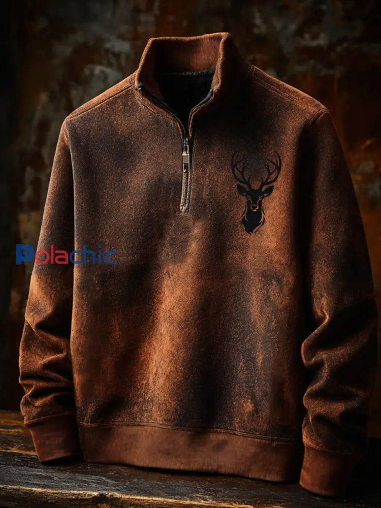 Hommes Retro Western Deer Antlers Imprimer Casual Zipper Sweatshirt Marron / S