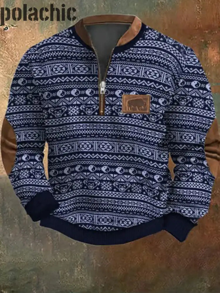 Hommes Retro Western Textured Pattern Imprimer Henley Casual Outdoor Sweatshirt Épais A / S