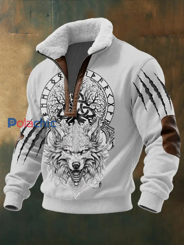 Hommes Striking Yggdrasil & Wolf Imprimer Sherpa Collar Pullover Hoodie Multicolore / S