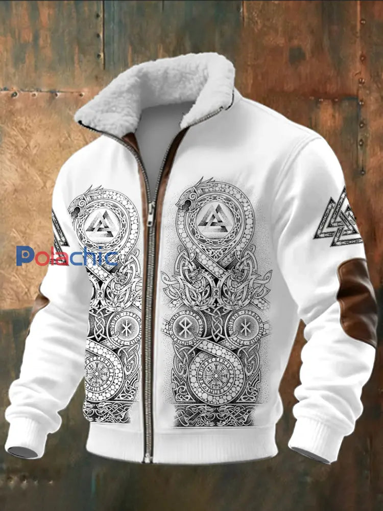 Hommes Viking Imprimé à manches longues Stand Up Collar Lambhair Zipper Top Blanc / S