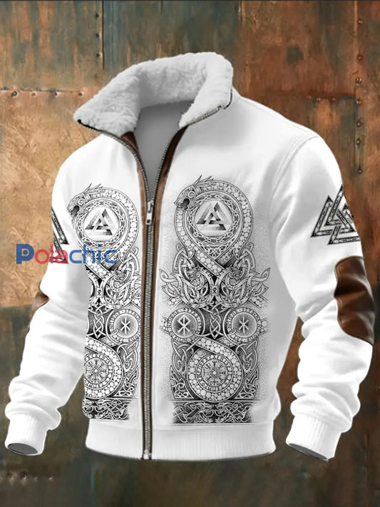 Hommes Viking Imprimé à manches longues Stand Up Collar Lambhair Zipper Top Blanc / S