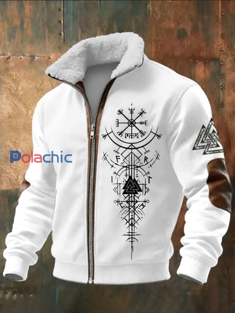 Hommes Viking Imprimé à manches longues Stand Up Collar Lambhair Zipper Top Blanc / S