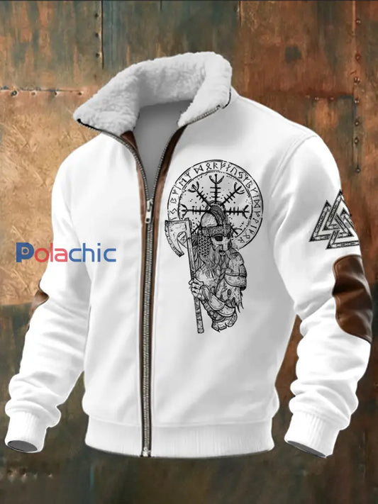 Hommes Viking Imprimé à manches longues Stand Up Collar Lambhair Zipper Top Blanc / S