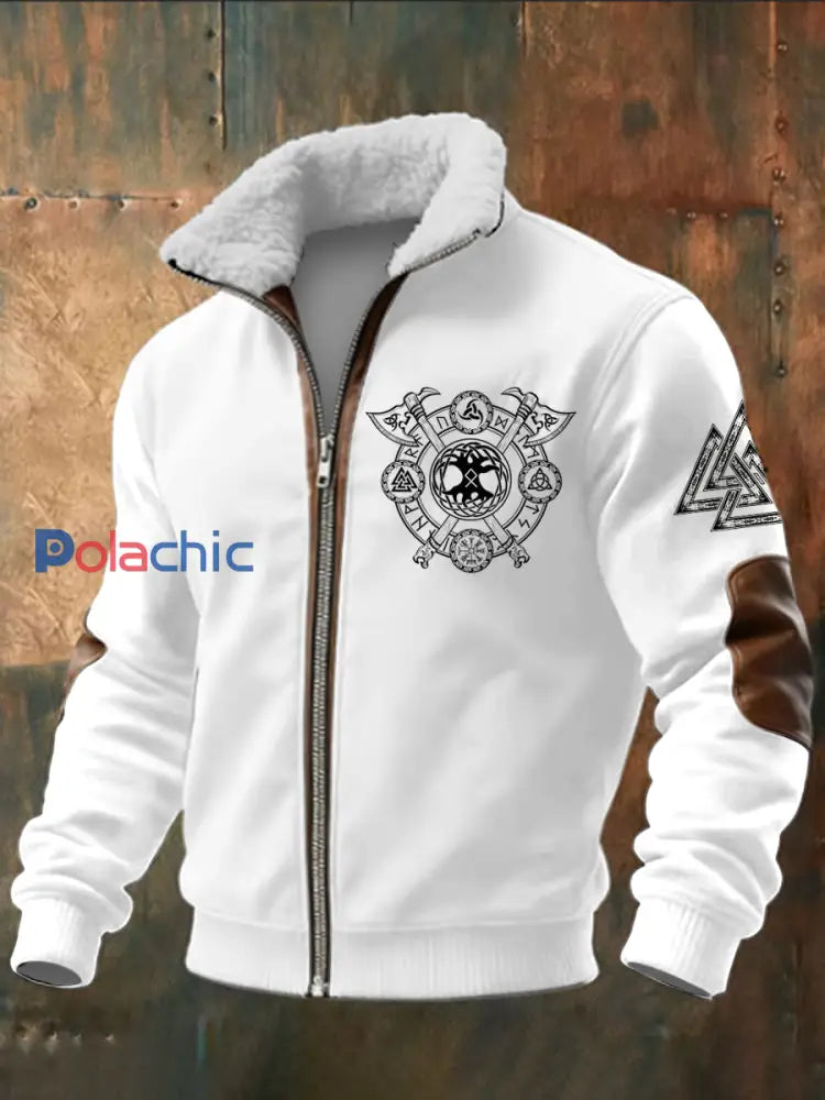 Hommes Viking Imprimé à manches longues Stand Up Collar Lambhair Zipper Top Blanc / S