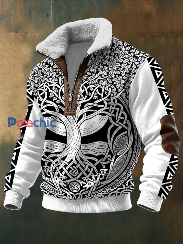 Hommes Viking Imprimé à manches longues Stand Up Collar Lambhair Zipper Top Blanc / S