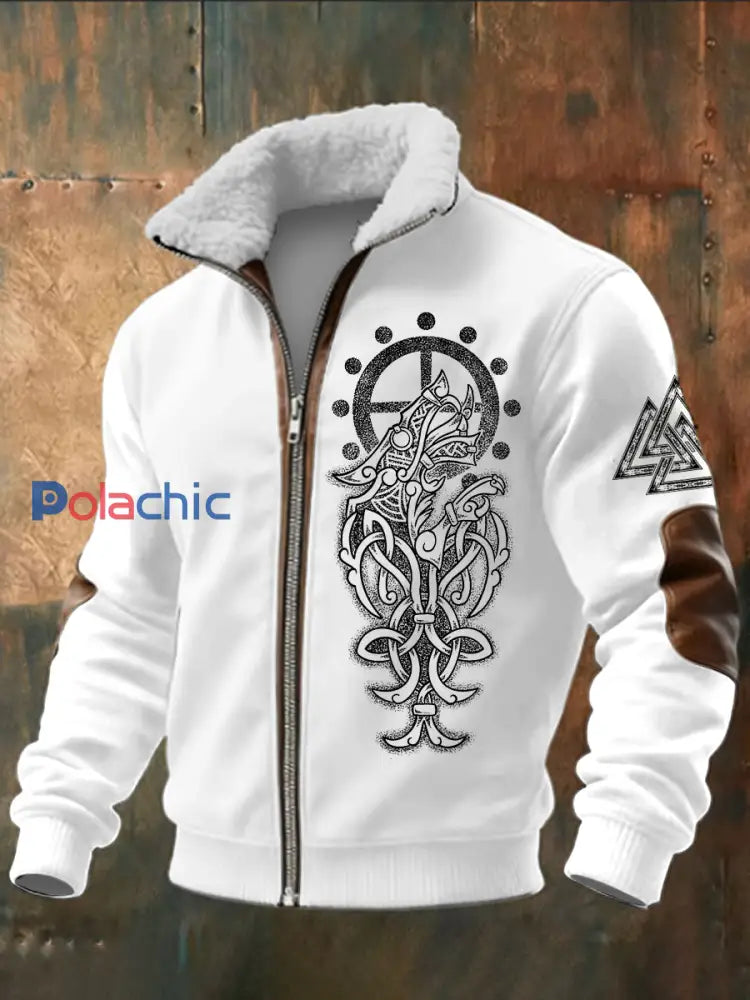 Hommes Viking Imprimé à manches longues Stand Up Collar Lambhair Zipper Top Blanc / S
