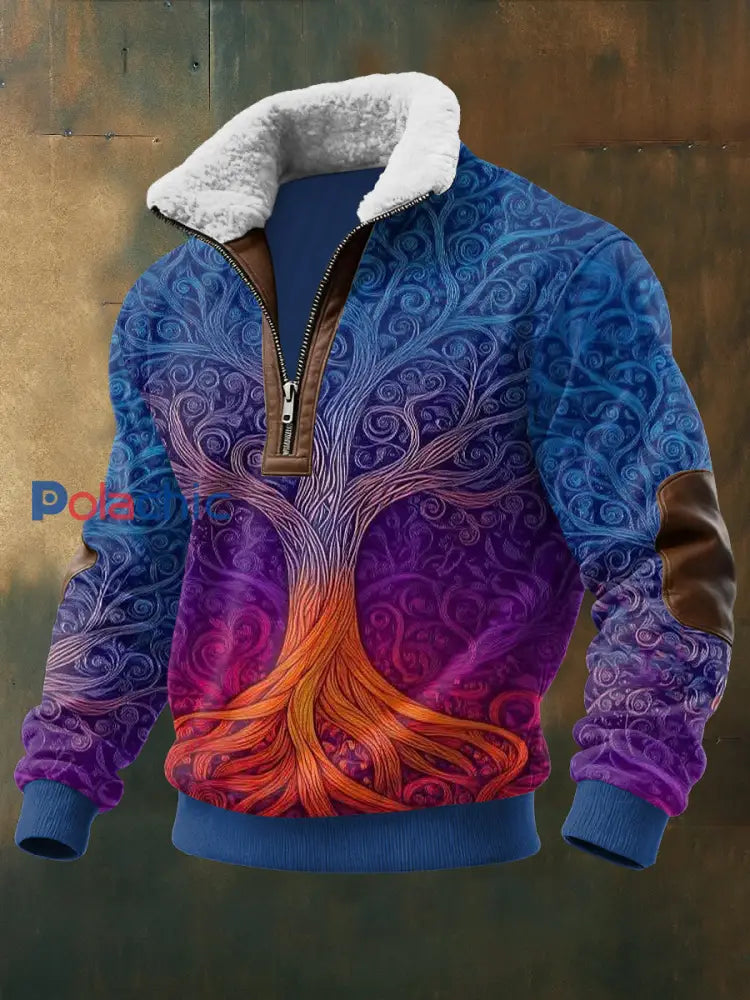 Hommes Viking Imprimé à manches longues Stand Up Collar Lambhair Zipper Top Bleu / S