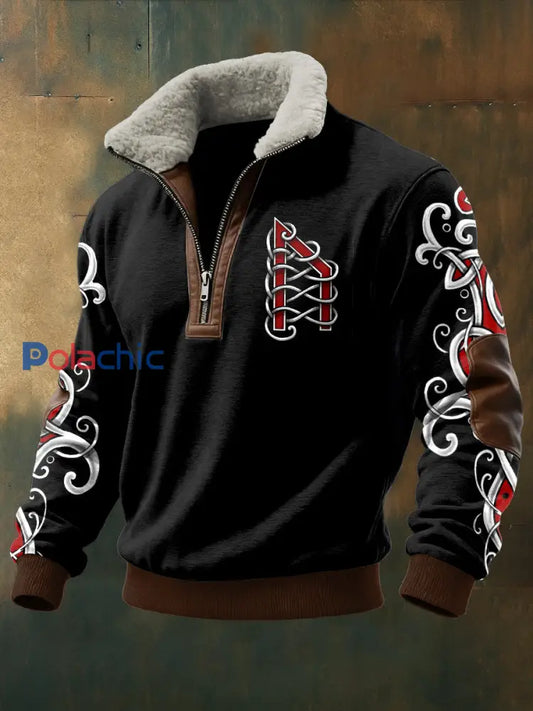 Hommes Viking Imprimé à manches longues Stand Up Collar Lambhair Zipper Top Noir / S