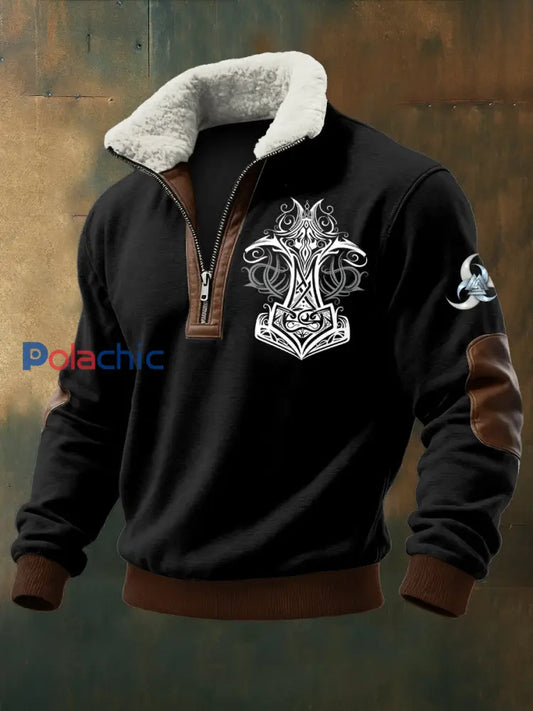 Hommes Viking Imprimé à manches longues Stand Up Collar Lambhair Zipper Top Noir / S