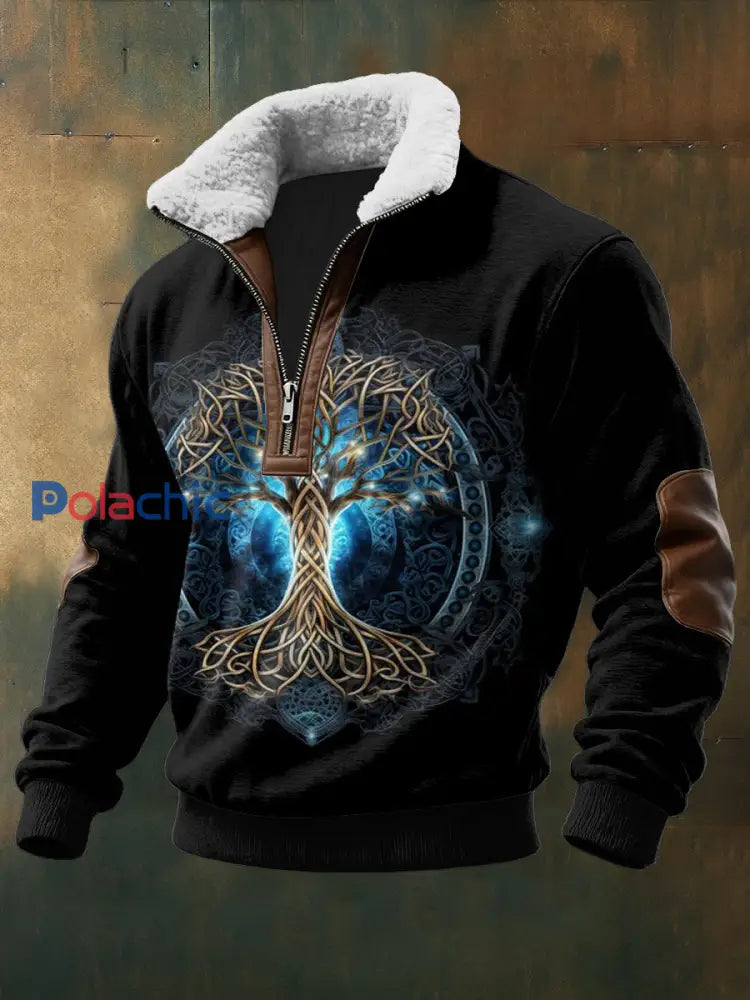 Hommes Viking Imprimé à manches longues Stand Up Collar Lambhair Zipper Top Noir / S