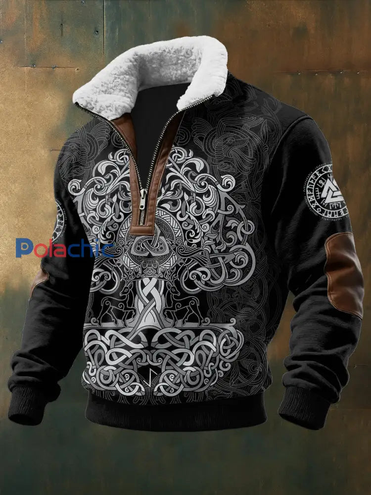 Hommes Viking Imprimé à manches longues Stand Up Collar Lambhair Zipper Top Noir / S