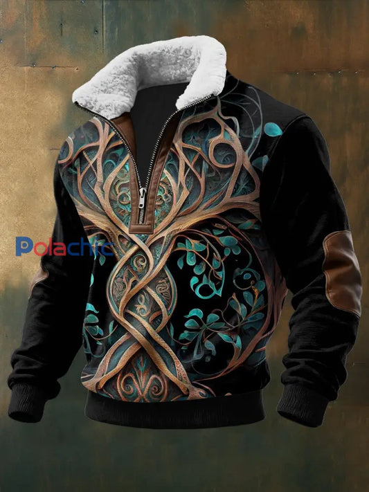 Hommes Viking Imprimé à manches longues Stand Up Collar Lambhair Zipper Top Noir / S