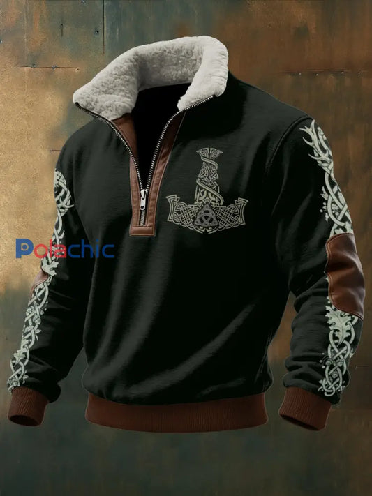 Hommes Viking Imprimé à manches longues Stand Up Collar Lambhair Zipper Top Noir / S