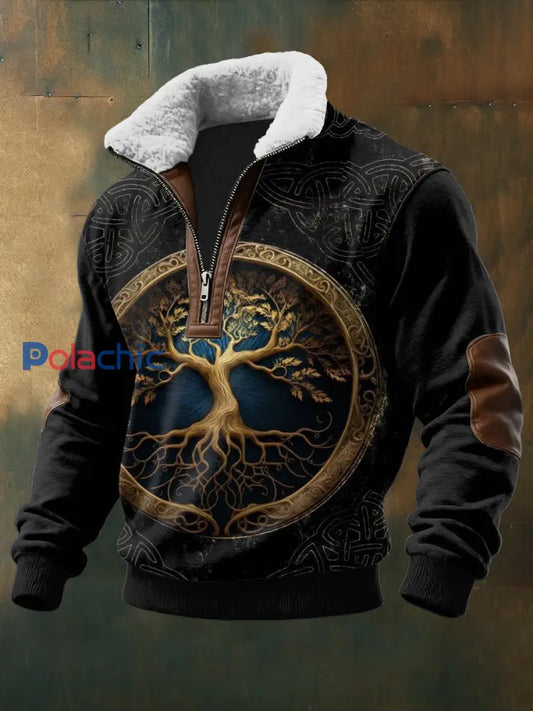 Hommes Viking Imprimé à manches longues Stand Up Collar Lambhair Zipper Top Noir / S