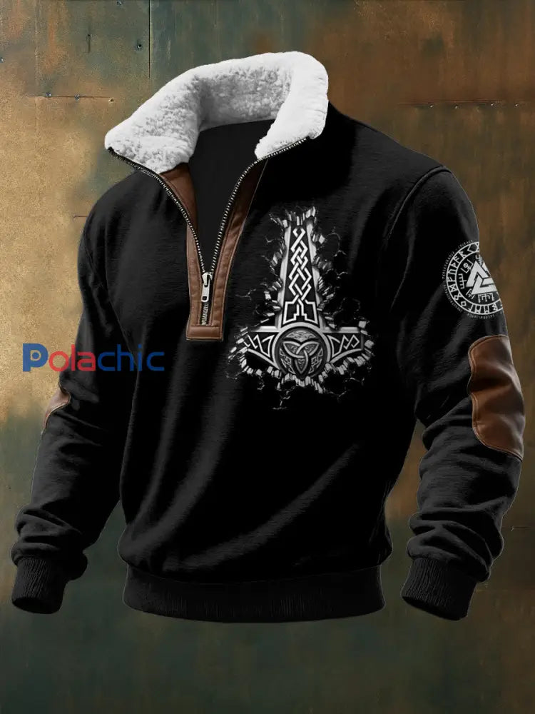 Hommes Viking Imprimé à manches longues Stand Up Collar Lambhair Zipper Top Noir / S