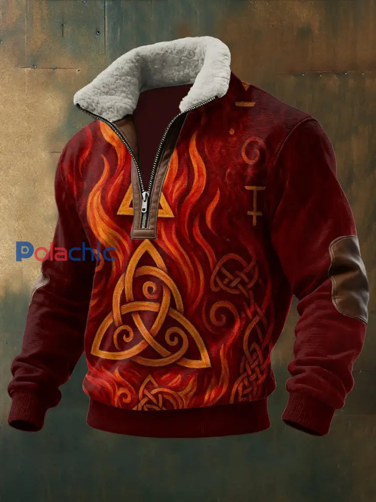 Hommes Viking Imprimé à manches longues Stand Up Collar Lambhair Zipper Top Rouge / S