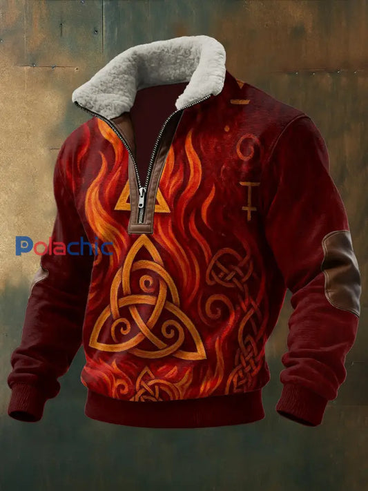 Hommes Viking Imprimé à manches longues Stand Up Collar Lambhair Zipper Top Rouge / S