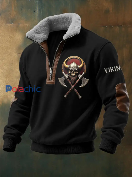 Hommes Viking Warrior Skull Imprimé à manches longues Stand Up Collar Zipper Agneau Laine Top Noir / S