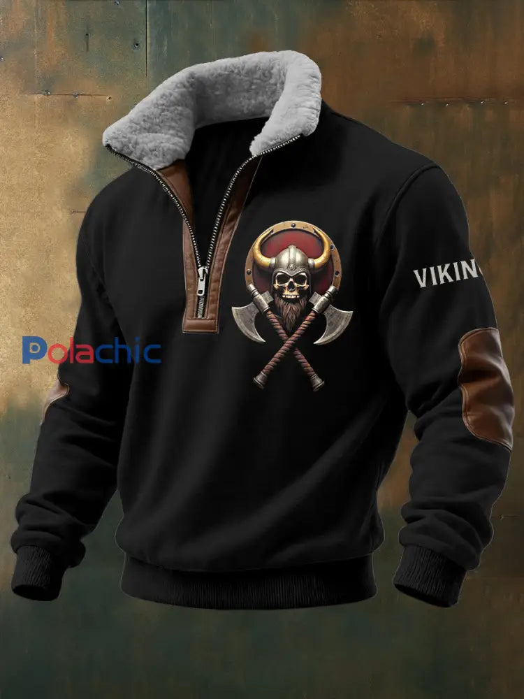 Hommes Viking Warrior Skull Imprimé à manches longues Stand Up Collar Zipper Agneau Laine Top Noir / S