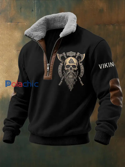 Hommes Viking Warrior Skull Imprimé à manches longues Stand Up Collar Zipper Agneau Laine Top Noir / S
